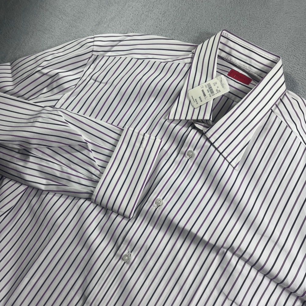 Isaia Napoli Mens Striped Dress Shirt Purple Navy White Size Large NWT